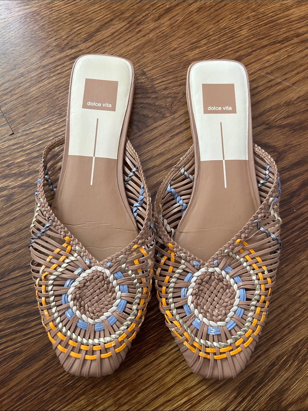 Dolce Vita Tan Woven Slip-On Mules with Blue & Yellow Accents